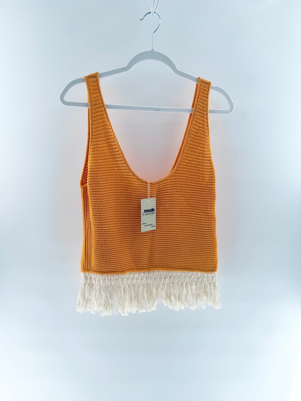 Frame Sleeveless Scoop Neck Fringe Hem Crochet Sweater Tank Top Orange Cream M